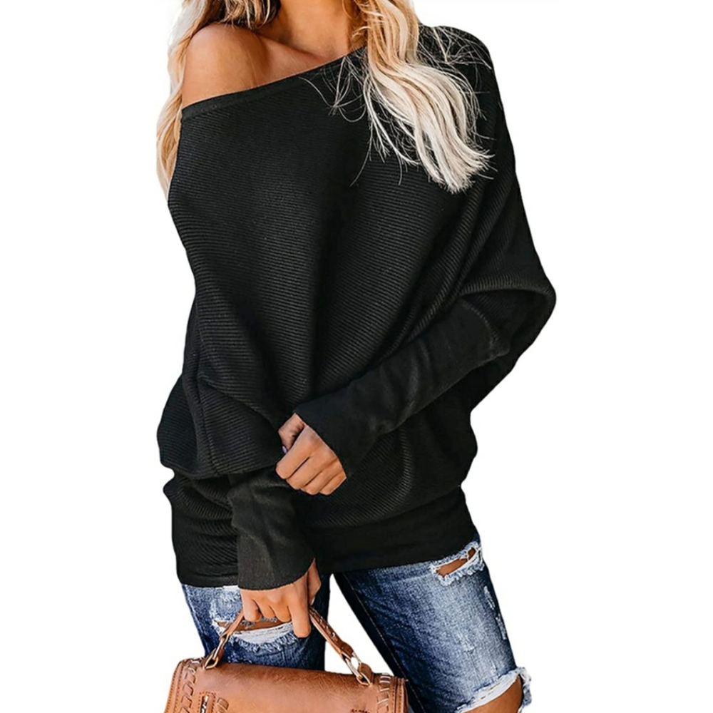 🆕️Off Shoulder Batwing Sleeve Ribbed Shirt Loose - Picture 1 of 5
